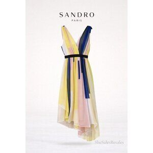 Sandro Paris Romance Chiffon Maxi Dress Size 3 US 6 Colorblock Asymmetrical Hem